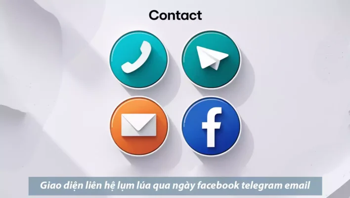 Giao diện liên hệ Lụm Lúa Qua Ngày qua Facebook, Telegram, Email.